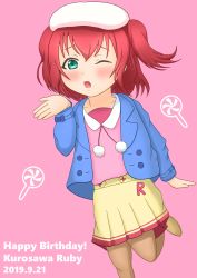 Rule 34 | 1girl, :o, aqua eyes, artist name, artist request, blow kiss, blue jacket, blush, bow, earrings, espendwater8, female focus, flower earrings, fur collar, hair bow, hair ornament, hat, highres, jacket, jewelry, kurosawa ruby, looking at viewer, love live!, love live! sunshine!!, one eye closed, pink background, pink bow, pink shirt, pom pom (cheerleading), red hair, sailor collar, scrunchie, shirt, short hair, skirt, smile, solo, standing, standing on one leg, star (symbol), star hair ornament, twintails, white hat, wrist scrunchie, yellow skirt