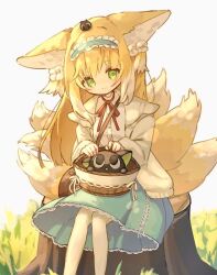 Rule 34 | 1girl, animal ears, arknights, bag, basket, black cat, blonde hair, blue hairband, blue skirt, blush, brown bag, cardigan, cat, closed mouth, commentary, crossover, feet out of frame, fox ears, fox girl, fox tail, frilled hairband, frills, grass, green eyes, hair ornament, hair scrunchie, hairband, heixiu, kitsune, kyuubi, long hair, long sleeves, looking down, luo xiaohei, mgmg cc211, multicolored hair, multiple tails, neck ribbon, official alternate costume, on head, open cardigan, open clothes, red ribbon, ribbon, scrunchie, shirt, shoulder bag, simple background, sitting, sitting on tree stump, skirt, solo, stitches, suzuran (arknights), suzuran (spring praise) (arknights), tail, luo xiaohei zhanji, tree stump, two-tone hair, white background, white hair, white shirt, yellow cardigan