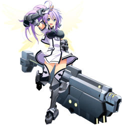 Rule 34 | 1girl, armor, blue eyes, boots, breasts, cosmic break, detached sleeves, fingerless gloves, full body, gloves, gun, keyhole, large breasts, lock, looking at viewer, ponytail, purple hair, salute, serieux blanche, simple background, solo, weapon, wings