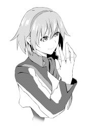 Rule 34 | 10s, 1girl, canon memphis, finger marks, greyscale, hairband, highres, long sleeves, looking at hand, mikagami suzuha, monochrome, screentones, short hair, smile, solo, soukyuu no fafner, uniform, upper body