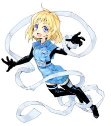 Rule 34 | 1girl, blonde hair, blue eyes, boots, character request, female focus, frfr, highres, open mouth, short hair, simple background, solo, thigh boots, thighhighs, toki no daichi, white background
