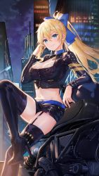 Rule 34 | 1girl, ammunition, belt, black footwear, black shirt, black shorts, blonde hair, blue bow, blue eyes, boots, bow, breasts, building, choker, cleavage, cloud, criin (659503), crop top, crossed legs, garter straps, girl cafe gun, hair between eyes, hair bow, hand up, high heel boots, high heels, highres, holding, holding hair, juno emmons, knee up, large breasts, long hair, long sleeves, looking at viewer, midriff, motor vehicle, motorcycle, navel, night, official art, outdoors, ponytail, revision, shirt, short shorts, shorts, sidelocks, skyscraper, smile, solo, stomach, thigh boots, thigh strap, thighhighs, thighs