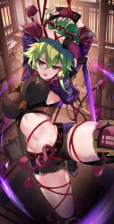 Rule 34 | 1girl, arms up, black shorts, breasts, commentary request, crop top, cropped jacket, entangled, fishnet top, fishnets, genshin impact, gloves, green hair, highres, hirai yuzuki, jacket, kuki shinobu, large breasts, looking at viewer, midriff, navel, no mask, partially fingerless gloves, purple eyes, purple jacket, restrained, rope, short shorts, shorts, solo, stomach, sweat, thighs