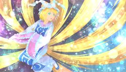Rule 34 | 1girl, alternate eye color, bad id, bad pixiv id, blonde hair, blue footwear, dress, floating, forgotten artist, fox tail, frilled dress, frills, green eyes, hat, light particles, long sleeves, looking at viewer, multiple tails, own hands together, shoes, short hair, solo, tabard, tail, touhou, white dress, wide sleeves, yakumo ran
