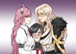 Rule 34 | anne (path to nowhere), black hair, blonde hair, braid, breasts, chameleon (path to nowhere), girl sandwich, glasses, iron (path to nowhere), jrnc23, large breasts, long hair, path to nowhere, pink hair, sandwiched, yuri