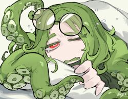 Rule 34 | 1girl, fang, glasses, green hair, highres, koroguchi, long hair, looking at viewer, one eye closed, open mouth, original, pillow, red eyes, signature, tentacle hair, under covers, waking up