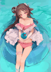Rule 34 | absurdres, afloat, animal ears, arknights, bare shoulders, bikini, bridal garter, brown hair, cherry, closed mouth, collarbone, cup, day, drink, drinking glass, eyjafjalla (arknights), feet out of frame, flat chest, food, frilled bikini, frills, from above, fruit, head tilt, highres, holding, holding cup, horns, ichika (ichika87), innertube, long hair, looking at viewer, looking up, off-shoulder bikini, off shoulder, outdoors, pink bikini, pink eyes, plaid, plaid bikini, sheep ears, sheep girl, sheep horns, side ponytail, smile, soaking feet, swim ring, swimsuit, swimsuit cover-up, thigh gap, water