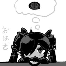 Rule 34 | 1girl, ahoge, backbeako (torotei), backbeard, chibi, commentary request, gegege no kitarou, gloves, hair over one eye, hair ribbon, long hair, monochrome, ohagi (food), one eye closed, open mouth, original, pointy ears, ribbon, simple background, slit pupils, solo, thought bubble, torotei, translation request, triangle mouth, twintails, white background