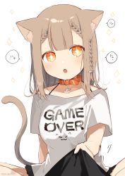 Rule 34 | + +, 1girl, absurdres, animal ear fluff, animal ears, bare shoulders, black shorts, blush, braid, braided bangs, breasts, brown hair, cat ears, cat girl, cat tail, clothes writing, collar, collarbone, commentary request, english text, fang, fish hair ornament, hair ornament, highres, looking at viewer, medium breasts, off-shoulder shirt, off shoulder, open mouth, orange eyes, original, red collar, shirt, short shorts, short sleeves, shorts, simple background, sofra, solo, sparkle, tail, translation request, white background, white shirt