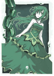 Rule 34 | 1girl, bare shoulders, crystal, dress, green dress, green eyes, green hair, jewelry, long hair, matching hair/eyes, necklace, original, pale skin, parted lips, satoma makoto, solo, strapless, strapless dress