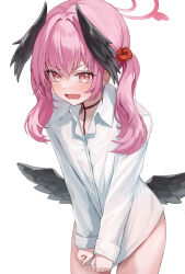 Rule 34 | 1girl, absurdres, black wings, blue archive, blush, collared shirt, cowboy shot, feathered wings, halo, head wings, highres, koharu (blue archive), long hair, long sleeves, looking at viewer, open mouth, pink eyes, pink hair, pink halo, shirt, simple background, solo, ttusee5, white background, white shirt, wings