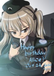 Rule 34 | 1girl, artist name, beret, black hat, black jacket, black necktie, black ribbon, brown eyes, character name, commentary, dated, dress shirt, emblem, english text, frown, girls und panzer, grey background, hair ribbon, half-closed eyes, happy birthday, hat, highres, holding, jacket, japanese tankery league (emblem), kuroneko douji, light brown hair, long hair, long sleeves, looking at viewer, military, military hat, military uniform, necktie, one side up, open mouth, radio, ribbon, selection university (emblem), selection university military uniform, shimada arisu, shirt, signature, solo, tank cupola, uniform, white shirt
