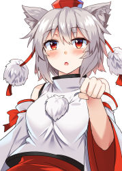 Rule 34 | 1girl, :o, animal ear fluff, animal ears, bare shoulders, breasts, commentary request, detached sleeves, e.o., hair between eyes, hand up, hat, highres, inubashiri momiji, long sleeves, looking at viewer, medium breasts, open mouth, paw pose, pom pom (clothes), red eyes, shirt, short hair, silver hair, simple background, solo, tassel, tokin hat, touhou, upper body, white background, white shirt, wide sleeves, wolf ears
