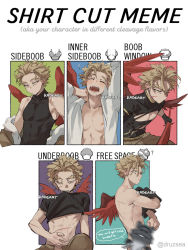 Rule 34 | 1boy, abs, artist name, bare shoulders, bleeding, blonde hair, blood, boku no hero academia, censored, cleavage cutout, clothes lift, clothing cutout, collared shirt, cuts, english text, expressions, eyebrows, feathered wings, fur trim, hawks (boku no hero academia), highres, injury, jacket, kadeart, looking at viewer, looking down, meme, multiple drawing challenge, nude, open clothes, open shirt, pale skin, pectorals, pectorals, shirt, shirt cut meme, shirt lift, short hair, skin tight, sleeveless, speech bubble, topless male, twitter username, watermark, white shirt, wings, yawning, yellow eyes