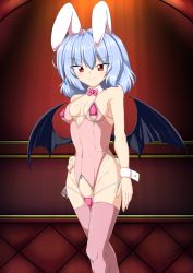 Rule 34 | 1girl, alternate costume, animal ears, bat wings, bikini, blue hair, breasts, cleavage, closed mouth, detached collar, feet out of frame, hand on own hip, kagayama hajime, leotard, looking at viewer, micro bikini, pink bikini, pink leotard, pink thighhighs, playboy bunny, rabbit ears, red eyes, remilia scarlet, short hair, smile, solo, standing, swimsuit, thighhighs, touhou, wings, wrist cuffs