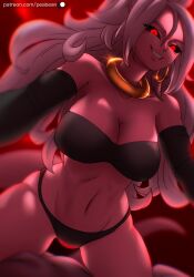 Rule 34 | 1girl, absurdres, android 21, black sclera, black sleeves, bracelet, breasts, choker, cleavage, colored sclera, colored skin, commentary, detached sleeves, dragon ball, dragon ball fighterz, earrings, english commentary, gradient background, hair between eyes, highres, hoop earrings, jewelry, large breasts, lips, long hair, looking at viewer, majin android 21, panties, patreon username, pea-bean, pink skin, pointy ears, red background, red eyes, ring, smile, solo, underwear, white hair, yellow choker