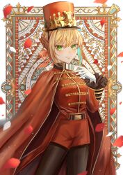 Rule 34 | 1girl, absurdres, artist name, black pantyhose, blonde hair, braid, braided bun, cape, fate/grand order, fate (series), french braid, frilled sleeves, frills, gloves, green eyes, hair between eyes, hair bun, hat, highres, ichimichi 111, long hair, long sleeves, looking at viewer, nero claudius (fate), nero claudius (fate) (all), nero claudius (fate/extra), official alternate costume, pantyhose, petals, red cape, red hat, red shorts, rose petals, shako cap, short shorts, shorts, single hair bun, smile, solo, white gloves
