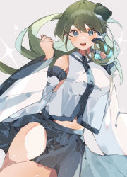 Rule 34 | 1girl, absurdres, bare shoulders, blue eyes, blue skirt, breasts, collar, collared shirt, detached sleeves, eyes visible through hair, frog hair ornament, green hair, grey background, hair between eyes, hair ornament, hair tubes, hand up, higa (gominami), highres, kochiya sanae, long hair, long sleeves, looking at viewer, medium breasts, open mouth, shirt, simple background, skirt, sleeveless, sleeveless shirt, smile, snake hair ornament, solo, sparkle, teeth, tongue, touhou, white shirt, white sleeves, wide sleeves