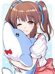 Rule 34 | 1girl, amezawa koma, blush, bow, bowtie, bracelet, brown eyes, brown hair, commentary request, hair ribbon, highres, hug, idolmaster, idolmaster cinderella girls, inflatable dolphin, inflatable toy, jewelry, long hair, hugging object, ogata chieri, one eye closed, puffy short sleeves, puffy sleeves, red bow, red bowtie, ribbon, short sleeves, smile, solo, star (symbol), starry background, twintails, upper body
