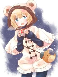 Rule 34 | 10s, 1girl, animal hood, bad id, bad pixiv id, bag, bear hood, black pantyhose, blonde hair, blue eyes, boko (girls und panzer), carrying, casual, commentary request, cowboy shot, cup, emblem, fang, girls und panzer, handbag, holding, hood, jumpsuit, katyusha (girls und panzer), layered sleeves, long sleeves, looking at viewer, mug, night, night sky, open mouth, pantyhose, pravda (emblem), short hair, short over long sleeves, short sleeves, sky, smile, solo, standing, star (sky), starry sky, steam, suzutare, white jumpsuit, wide sleeves, winter clothes