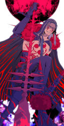 Rule 34 | 1boy, bad id, bad pixiv id, bare pectorals, blood, blood splatter, blue hair, bodypaint, cape, charatei, cu chulainn (fate), cu chulainn (fate) (all), cu chulainn (fate/stay night), cu chulainn alter (fate), cu chulainn alter (fate/grand order), cu chulainn alter (third ascension) (fate), dark blue hair, dark persona, earrings, elbow gloves, facepaint, fate/grand order, fate (series), from below, gae bolg (fate), gloves, grin, highres, holding, holding polearm, holding weapon, hood, hood up, jewelry, lancer, long hair, looking down, male focus, monster boy, muscular, pants, pectorals, polearm, ponytail, red eyes, sharp teeth, skin tight, smile, solo, spikes, tail, teeth, topless male, type-moon, weapon