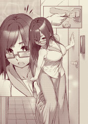 Rule 34 | 1girl, bare arms, bare shoulders, blush, breasts, buttons, cleavage, closed mouth, collarbone, comic, commentary, door, fingernails, glasses, key, charm (object), large breasts, leg up, long hair, long skirt, looking at viewer, looking down, monochrome, open mouth, original, parted bangs, rotix, shirt, silent comic, skirt, sleeveless, sleeveless shirt, slippers, solo, standing, standing on one leg