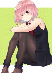Rule 34 | 1girl, bare arms, bare shoulders, black dress, black pantyhose, breast pocket, collar, collared dress, dress, eyes visible through hair, fate/grand order, fate (series), green background, hair over one eye, itsumi mita, mash kyrielight, necktie, pantyhose, pink hair, pleated dress, pocket, purple eyes, red necktie, short hair, simple background, sitting, sleeveless, sleeveless dress, smile, solo, white collar