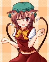 Rule 34 | 1girl, animal ears, blush, bow, brown eyes, brown hair, cat ears, cat girl, cat tail, chen, earrings, fang, female focus, fookun, hat, highres, jewelry, multiple tails, naba (take tonbo), navel, one eye closed, open mouth, puffy sleeves, short hair, short sleeves, solo, tail, touhou, wink