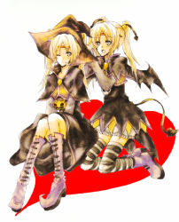 Rule 34 | 2girls, blonde hair, boots, breasts, capelet, cross-laced footwear, demon tail, dress, dressing, fenimore, grey eyes, halloween, hat, lace-up boots, long hair, multiple girls, patterned legwear, pumpkin, shoes, siblings, sisters, skirt, striped legwear, tail, tales of (series), tales of legendia, thighhighs, thyra welzes, twins, twintails, wings, witch hat