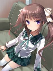 Rule 34 | 1girl, aqua ribbon, arms at sides, blue eyes, blunt bangs, blush, bow, breasts, brown hair, chaamii, closed mouth, commentary, couch, eyelashes, feet out of frame, floating hair, frown, green sailor collar, green skirt, hair bow, hapymaher, highres, hirasaka keiko, indoors, long hair, long sleeves, looking at viewer, miniskirt, neck ribbon, on couch, plaid, plaid skirt, pleated skirt, ribbon, sailor collar, school uniform, serafuku, shirt, sidelocks, signature, sitting, skirt, small breasts, solo, thighhighs, tsurime, twintails, upturned eyes, white bow, white shirt, white thighhighs, zettai ryouiki