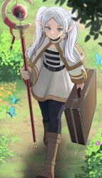 Rule 34 | 1girl, boots, capelet, drop earrings, earrings, elf, flat chest, frieren, green eyes, highres, holding, holding suitcase, jewelry, jourd4n, long hair, looking at viewer, mage staff, pantyhose, parted bangs, pointy ears, shirt, solo, sousou no frieren, staff, striped clothes, striped shirt, suitcase, thick eyebrows, twintails, walking, white capelet, white hair
