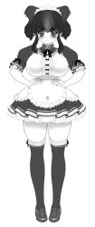 Rule 34 | 1girl, breasts, collar, female focus, full body, greyscale, huge breasts, maid, maid headdress, monochrome, plump, simple background, solo, thighhighs, twintails, zettai ryouiki