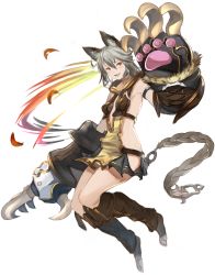 Rule 34 | 10s, 1girl, absurdres, animal ears, boots, claws, erune, granblue fantasy, grey hair, highres, kineshin, open mouth, red eyes, sen (granblue fantasy), simple background, skirt, solo, white background