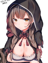 Rule 34 | 1girl, absurdres, black capelet, braid, breasts, brown eyes, brown hair, capelet, character name, cleavage, dated, frilled shirt, frills, highres, hood, hooded capelet, kantai collection, large breasts, mok4suke, shinshuu maru (kancolle), shirt, solo, twin braids, upper body
