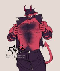Rule 34 | 1boy, absurdres, bara, bare pectorals, beard, colored skin, demon boy, demon boy (afteralterna), demon horns, facial hair, facing viewer, feet out of frame, filia (bananafilia), full beard, hair over eyes, hairy, highres, horns, huge pectorals, male focus, mature male, muscular, muscular male, navel hair, nipples, opened by self, original, pectorals, pointy ears, red skin, short hair, solo, standing, strongman waist, superman exposure, thick beard, thick chest hair, thick navel hair, tusks, undressing