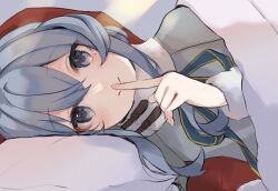 Rule 34 | 1girl, blue hair, blue ribbon, blush, close-up, finger to mouth, gotland (kancolle), grey eyes, hair bun, hat, highres, kantai collection, long hair, looking at viewer, lying, mole, mole under eye, official alternate costume, on side, pillow, raymie0124, ribbon, santa costume, santa hat, single hair bun, smile, solo