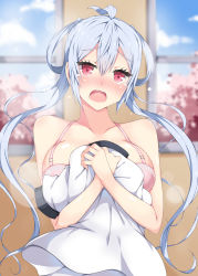 Rule 34 | 1girl, ahoge, blue hair, blurry, blush, bra, breasts, cloud, cloudy sky, collarbone, day, depth of field, full-face blush, hair between eyes, hair rings, hands on own chest, holding, holding clothes, holding shirt, indoors, large breasts, lens flare, long hair, looking at viewer, matoi (pso2), milkpanda, nose blush, open mouth, own hands together, phantasy star, phantasy star online 2, pink bra, red eyes, shirt, sidelocks, sky, solo, twintails, underwear, upper body, very long hair, wavy mouth