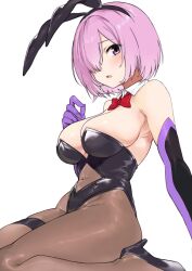 Rule 34 | 1girl, amu (258shin), animal ears, ass, black footwear, black gloves, black leotard, blush, bow, bowtie, brown pantyhose, clothing cutout, commission, covered navel, elbow gloves, fake animal ears, fate/grand order, fate (series), from side, gloves, hair over one eye, hairband, high heels, highres, leotard, looking at viewer, mash kyrielight, multicolored clothes, multicolored gloves, navel, navel cutout, pantyhose, parted lips, pink hair, playboy bunny, purple eyes, purple gloves, rabbit ears, red bow, red bowtie, short hair, simple background, sitting, skeb commission, solo, wariza, white background