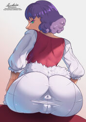 Rule 34 | 1girl, absurdres, anus, anus peek, anus visible through clothes, ass, ass focus, black clover, blue eyes, cameltoe, cleft of venus, covered anus, doktor malefic, dorothy unsworth, fluffy, hands on own thighs, highres, huge ass, long sleeves, looking at viewer, looking back, purple hair, sitting