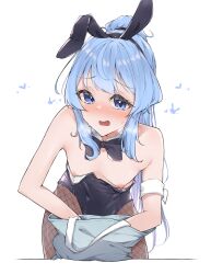 Rule 34 | 1girl, absurdres, airenif, alternate hairstyle, animal ears, armband, bare shoulders, black bow, black bowtie, black leotard, black pantyhose, blue eyes, blue hair, blush, bow, bowtie, breasts, commentary, commentary typo, detached collar, embarrassed, english commentary, fake animal ears, fishnet pantyhose, fishnets, highleg, highleg leotard, highres, hololive, hoshimachi suisei, leotard, long hair, looking at viewer, nipple slip, nipples, open mouth, oversized breast cup, pantyhose, playboy bunny, pointy breasts, ponytail, rabbit ears, small breasts, solo, star (symbol), star in eye, sweatdrop, symbol in eye, tearing up, virtual youtuber, wardrobe malfunction, wing collar