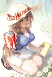 Rule 34 | 1girl, alternate costume, bare shoulders, belt, blue shirt, blush, bow, breast pocket, breasts, brown hair, buttons, can, cleavage, coca-cola, collarbone, collared shirt, day, fence, girls&#039; frontline, giving, green eyes, hair between eyes, hair ribbon, hair rings, hat, hat bow, highres, holding, holding can, holding watering can, imoko (imonatsuki), large breasts, long hair, looking at viewer, open mouth, outdoors, picket fence, pocket, ribbon, sandals, shirt, sidelocks, skirt, sleeveless, sleeveless shirt, smile, solo, springfield (girls&#039; frontline), squatting, sun hat, watering can, white skirt, wooden fence