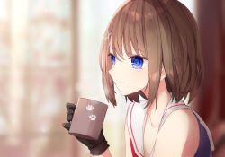 Rule 34 | 1girl, a.a (aa772), bare shoulders, black gloves, blue eyes, blue shirt, blurry, blurry background, brown hair, commentary request, cup, depth of field, gloves, hair between eyes, hair ornament, hairclip, holding, holding cup, kantai collection, looking away, maya (kancolle), mug, sailor collar, shirt, sleeveless, sleeveless shirt, solo, upper body, white sailor collar, x hair ornament