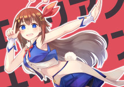 Rule 34 | 1girl, :d, bad id, bad pixiv id, bare shoulders, blue eyes, blue skirt, blue vest, blush, brat (brabrabrat00), brown hair, collared shirt, commentary request, dress shirt, fangs, hair flaps, hair ornament, hair ribbon, hand up, hololive, long hair, looking at viewer, midriff, miniskirt, navel, open mouth, outstretched hand, pleated skirt, rabbit tail, red background, red ribbon, ribbon, shirt, skirt, sleeveless, sleeveless shirt, smile, solo, star (symbol), star hair ornament, tail, text background, tokino sora, tokino sora (1st costume), translation request, very long hair, vest, virtual youtuber, waist cape, white shirt, wrist cuffs