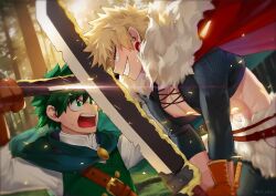 Rule 34 | 2boys, alternate universe, armor, backlighting, bakugou katsuki, bare pectorals, belt buckle, black sleeves, blonde hair, blurry, boku no hero academia, brown gloves, buckle, buttons, cape, clothing request, crossed swords, detached sleeves, double-breasted, duel, dutch angle, earrings, eye contact, eyes visible through hair, floating cape, forest, freckles, from side, fur-trimmed cape, fur trim, gloves, grass, greatsword, green cape, green eyes, green hair, green vest, grin, hair between eyes, hands up, high collar, holding, holding sword, holding weapon, korean commentary, leaning forward, light, looking at another, making-of available, male focus, midoriya izuku, multiple boys, nature, nipples, no shirt, official alternate costume, open mouth, orange gloves, outdoors, pectorals, profile, red cape, red eyes, seoltang (nitro sugar), shirt, short hair, shoulder armor, shoulder belt, sideways mouth, single glove, sleeves past elbows, smile, spiked hair, sunlight, sweatdrop, sword, sword clash, teeth, toned, toned male, tooth earrings, tree, twitter username, two-handed, upper body, upper teeth only, vest, weapon, white shirt