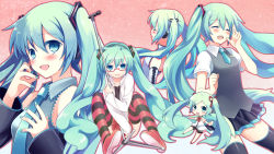 Rule 34 | 1girl, aqua eyes, aqua hair, bare shoulders, bespectacled, detached sleeves, glasses, hatsune miku, highres, kocchi muite baby (vocaloid), long hair, looking at viewer, microphone, microphone stand, necktie, open mouth, pantyhose, project diva, project diva (series), project diva 2nd, project diva extend, sekiranun graffiti (vocaloid), skirt, smile, striped clothes, striped pantyhose, striped thighhighs, tbdfactory, thighhighs, tobade (tbdfactory), twintails, very long hair, vocaloid, voice (vocaloid), wallpaper, zettai ryouiki