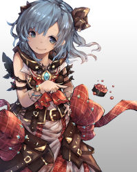 Rule 34 | 1girl, armband, armlet, armor, bare shoulders, belt, black feathers, blue eyes, blue gemstone, blue hair, blush, bow, bowl, bracelet, breastplate, brooch, brown ribbon, cranberry, dress, feathers, food, fruit, gem, glint, gradient background, grey background, hair ribbon, hand on own hip, head tilt, highres, hood, hood down, hoshikuzu (x-pinkie-x), jewelry, looking to the side, matching hair/eyes, neck ring, original, plaid, plaid bow, pointing, red bow, ribbon, simple background, sleeveless, sleeveless dress, smile, solo, standing, sushi, wrist cuffs