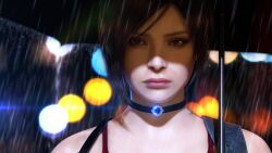 Rule 34 | 1girl, 3d, absurdres, ada wong, asian, choker, closed mouth, highres, jewelry, lights, looking at viewer, necklace, non-web source, rain, resident evil, resident evil 2, resident evil 2 (remake), shaded face, sleeveless, solo, straight-on, umbrella, water drop