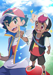 Rule 34 | 2boys, :d, ash ketchum, black hair, blue vest, brown eyes, child, chromatic aberration, clenched hands, cloud, commentary request, creatures (company), dark-skinned male, dark skin, day, game freak, hand up, hat, highres, male focus, mitsuha (bless blessing), multiple boys, nintendo, open mouth, outdoors, outline, pokemon, pokemon (anime), pokemon horizons, pokemon journeys, red headwear, roy (pokemon), sandals, shirt, shorts, sky, smile, sparkle, t-shirt, teeth, tongue, upper teeth only, vest, white shirt