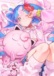 Rule 34 | 1girl, absurdres, blue hair, blue skirt, blush, bossan 3310, character doll, choker, clefairy, collared shirt, commentary request, creatures (company), crossover, eyelashes, fairy miku (project voltage), game freak, gen 1 pokemon, green eyes, hatsune miku, highres, jigglypuff, knees, long hair, long sleeves, loose socks, lying, multicolored hair, nail polish, nintendo, on back, pink hair, pink sweater, pokemon, pokemon (creature), project voltage, scrunchie, shirt, skirt, socks, sweater, teeth, twintails, two-tone hair, vocaloid, white shirt, wrist scrunchie