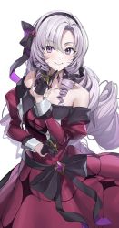 Rule 34 | 1girl, black gloves, black hairband, claw ring, closed mouth, dress, drill hair, gloves, hairband, highres, hiyashi mirano, hyakumantenbara salome, hyakumantenbara salome (1st costume), index finger raised, juliet sleeves, light purple hair, long hair, long sleeves, looking at viewer, nijisanji, off-shoulder dress, off shoulder, puffy sleeves, purple eyes, red dress, simple background, smile, solo, virtual youtuber, white background